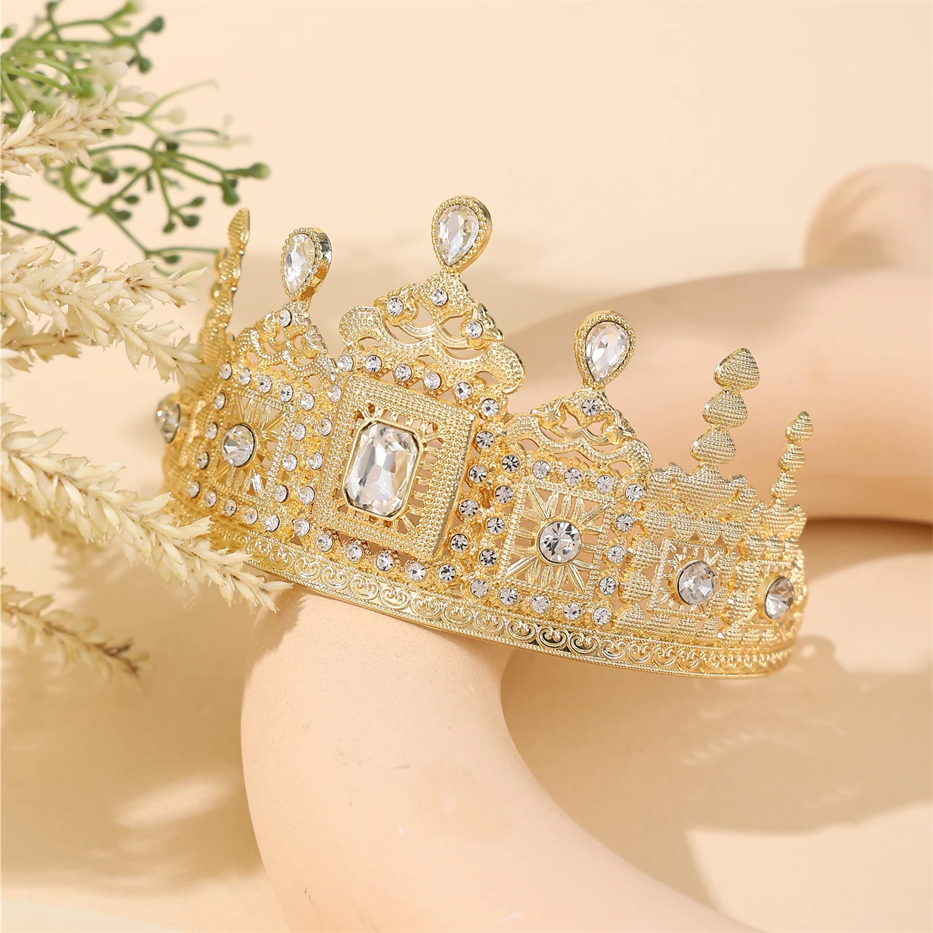 Metal color: Gold-color - European Princess Queen Round Headdress Moroccan Bride Crystal Crown King Bride Headdress Wedding Hair Accessories