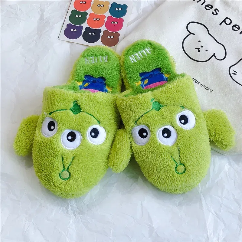 Color: Olivine, Shoe Size: 37 - Cartoon Sulley Mike Slippers Cute Girl Warm Home Slippers Women Indoor Slippers Blue Duck Kawaii Non-slip Slippers Gifts EU36-41