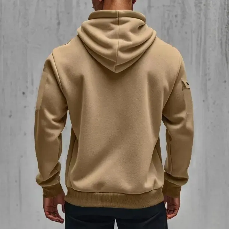 Color: Gold, Size: L - 2025 new men's zipper multi-pocket hoodie loose casual sweater suit spring and autumn European size new fashion print