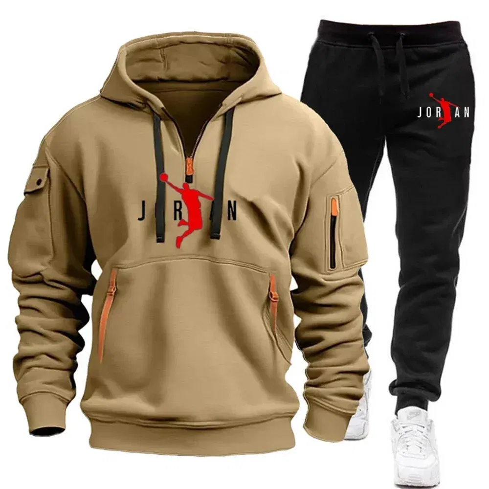 Color: Gold, Size: L - 2025 new men's zipper multi-pocket hoodie loose casual sweater suit spring and autumn European size new fashion print