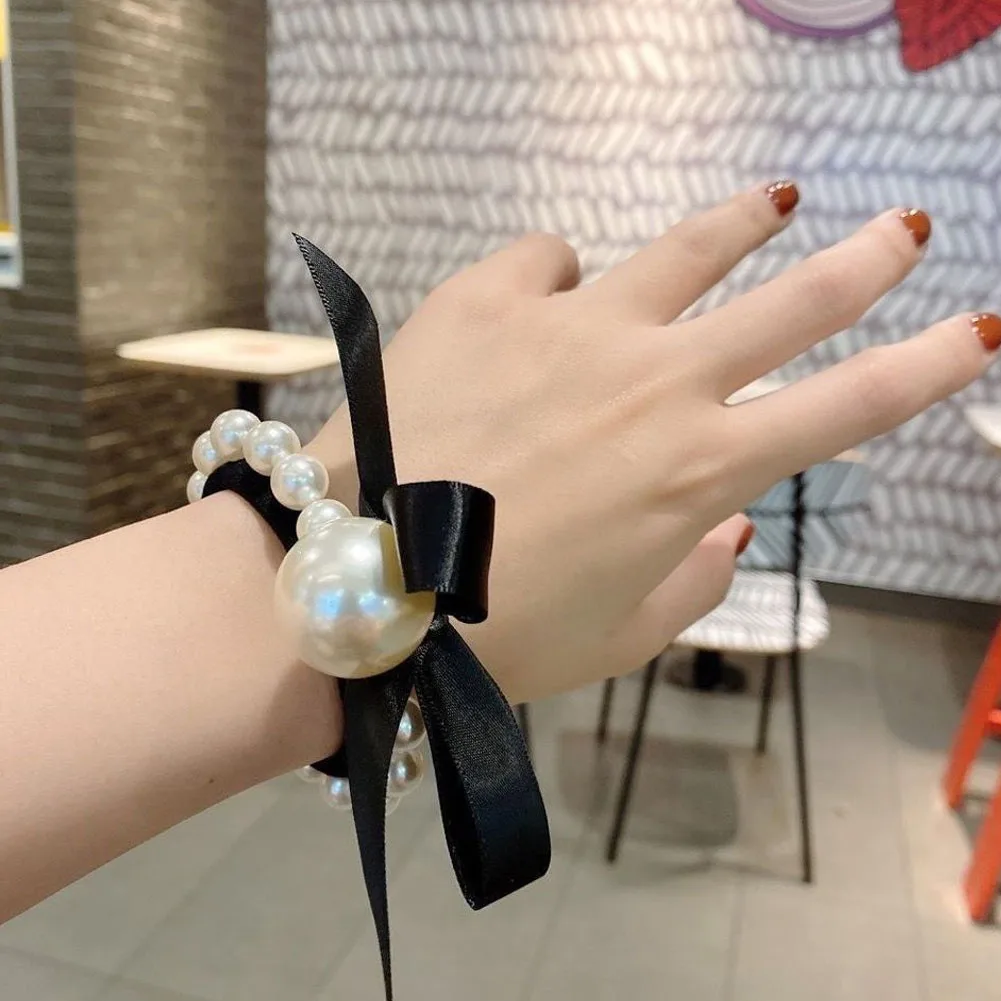 Color: black - 2022 Fashion Woman Big Pearl Hair Ties Korean Style Hairband Scrunchies Girls Ponytail Holders Rubber Band Hair Accessories