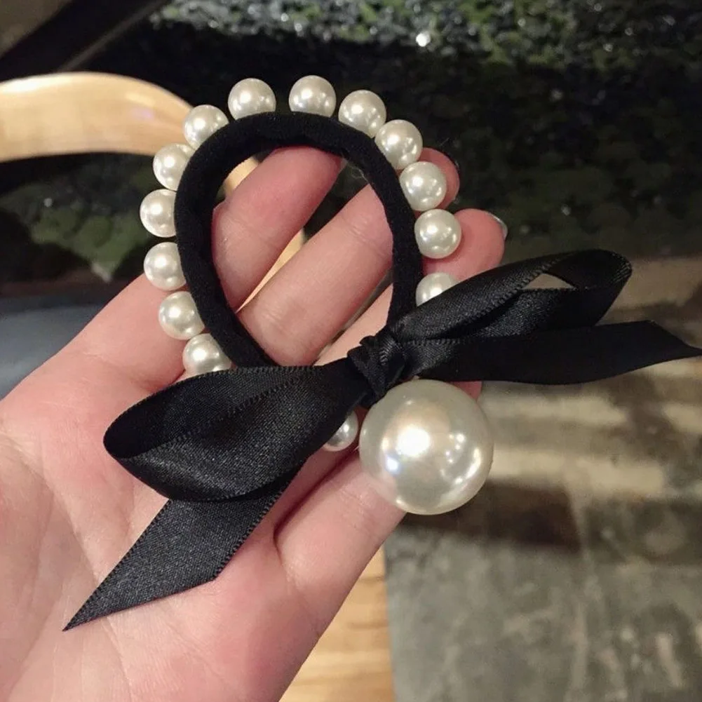 Color: black - 2022 Fashion Woman Big Pearl Hair Ties Korean Style Hairband Scrunchies Girls Ponytail Holders Rubber Band Hair Accessories