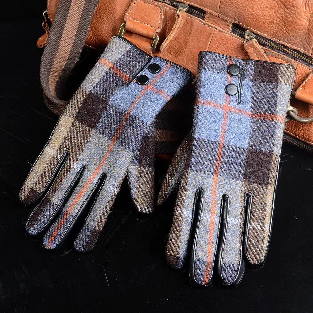 Color: MULTI, Gloves Size: XL - New Men's Male Wool Tweed & Leather Winter Warm Thicker Lining fashion Touch Screen Driving Short Gloves