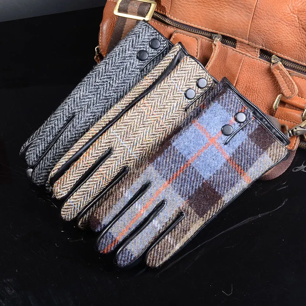 Color: MULTI, Gloves Size: XL - New Men's Male Wool Tweed & Leather Winter Warm Thicker Lining fashion Touch Screen Driving Short Gloves