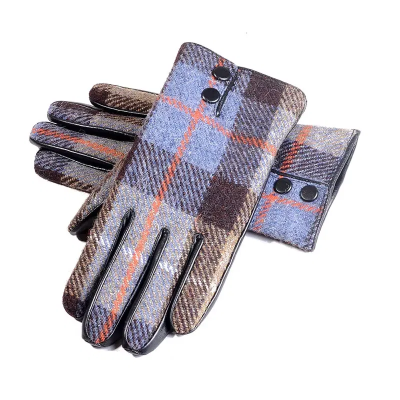Color: MULTI, Gloves Size: XL - New Men's Male Wool Tweed & Leather Winter Warm Thicker Lining fashion Touch Screen Driving Short Gloves