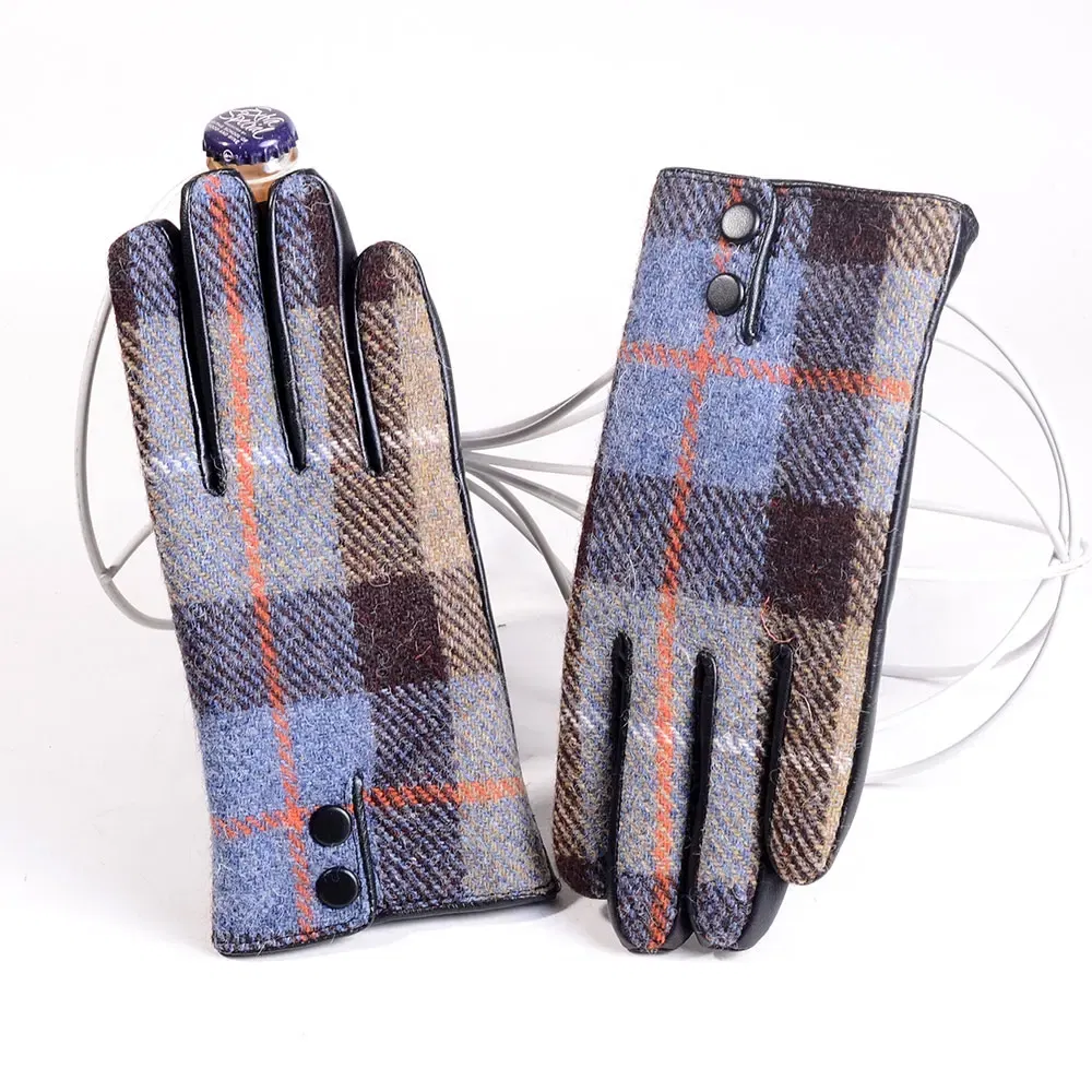 Color: MULTI, Gloves Size: XL - New Men's Male Wool Tweed & Leather Winter Warm Thicker Lining fashion Touch Screen Driving Short Gloves