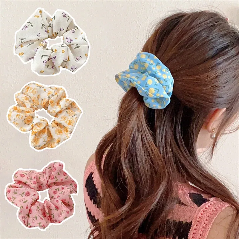 Color: WHITE - Gentle Sweet Women Floral Hair Ties Scrunchies Tulip Rose Flower Hair Rope Summer Ponytail Holder Rubber Band Hair Accessories