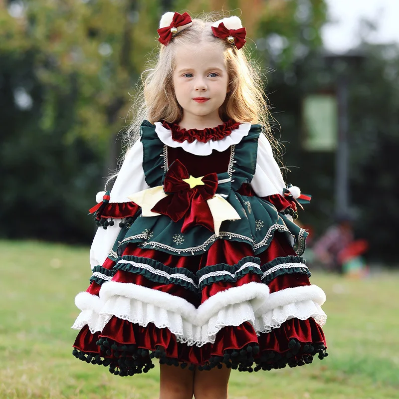 Color: Brown, Kid Size: 18M - New Autumn Winter High-End Baby Girls Velvet Lolita Princess Ball Gown Children Cute Bow Design Birthday Party Dress y1058