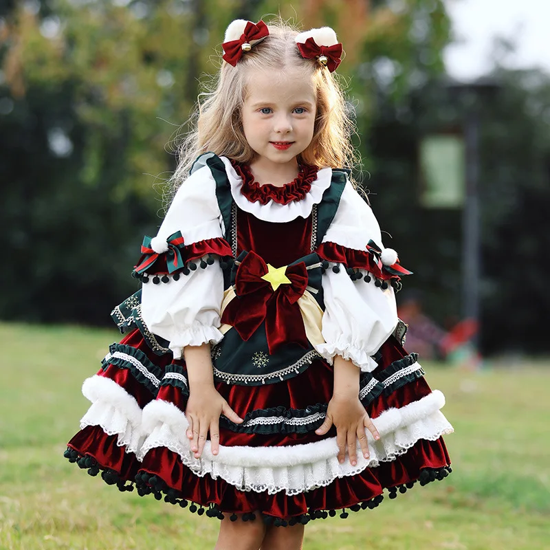 Color: Brown, Kid Size: 18M - New Autumn Winter High-End Baby Girls Velvet Lolita Princess Ball Gown Children Cute Bow Design Birthday Party Dress y1058