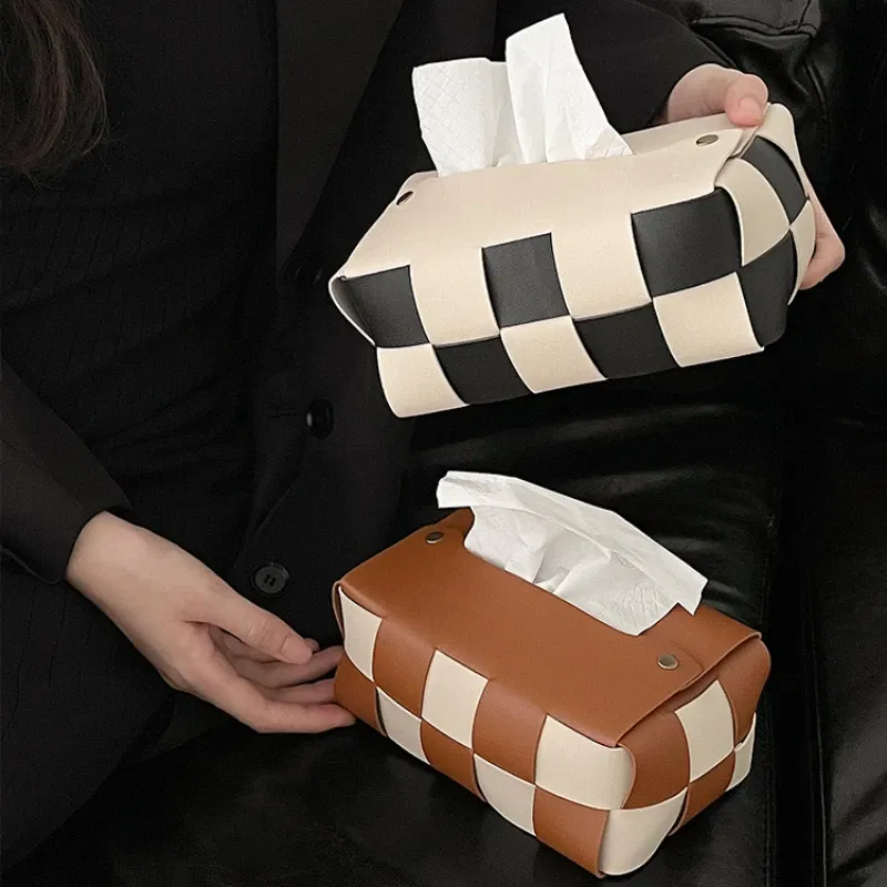 Color: Black - Checkerboard Woven Tissue Box PU Leather Napkin Case Living Room Office Desktop Home Decoration Creative Paper Towel Cover