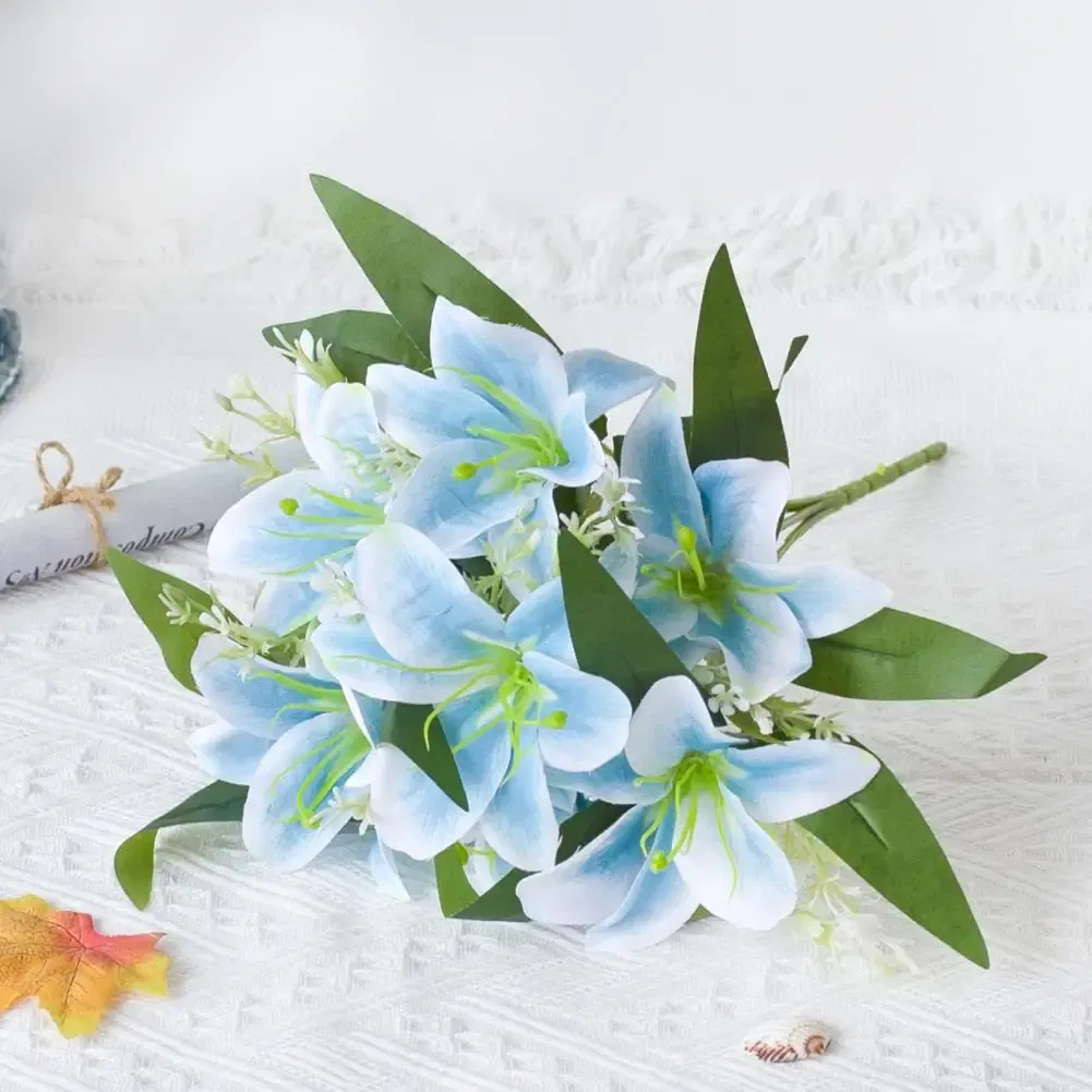 Color: Blue - 1Pc Artificial Lilies Flower No Withering Non-fading Single Branch Multi-fork Artistic Modern Style Fake Flower for Wedding