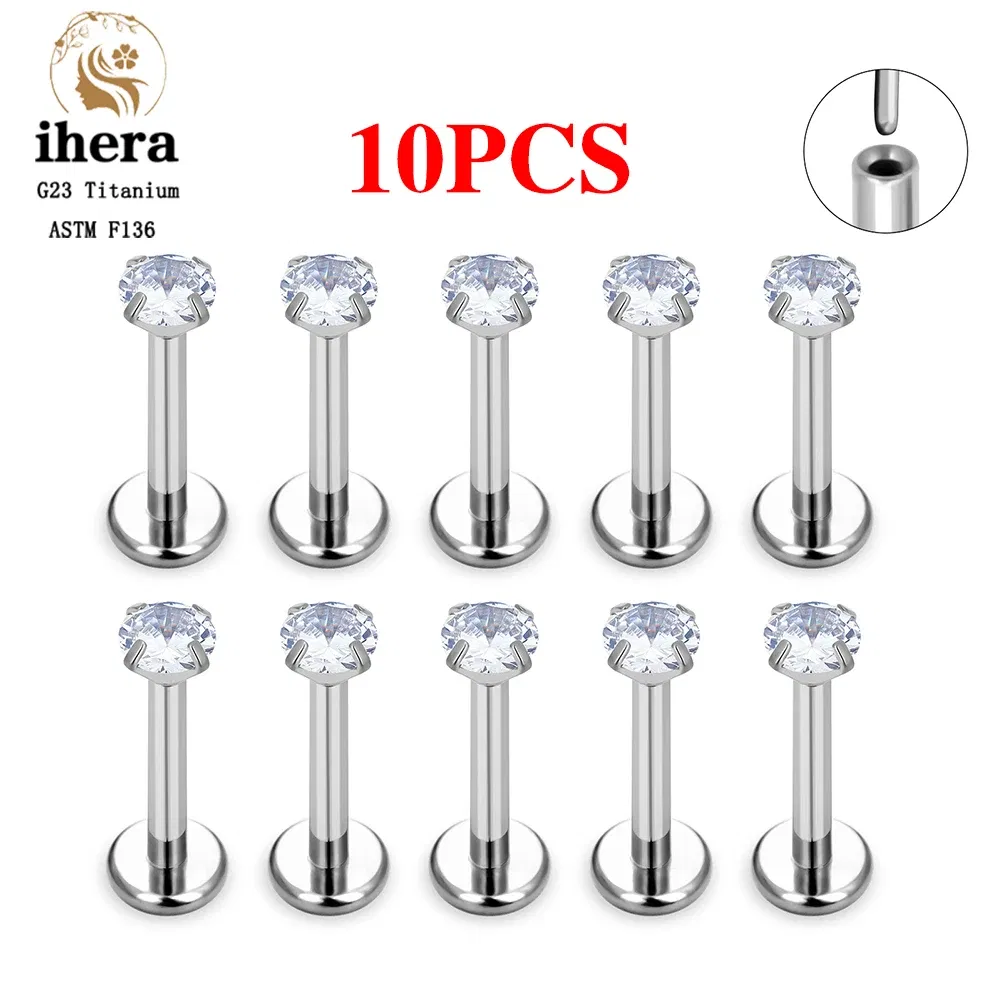 Metal color: Imitation Rhodium Plated, Ships From: CHINA, Main Stone Color: WHITE - 10PCS G23 Titanium Lip Ring Labret Piercing Stud Earring CZ 16/18/20G Push Pin Ear Tragus Cartilage Helix Conch Pierc? Jewelry