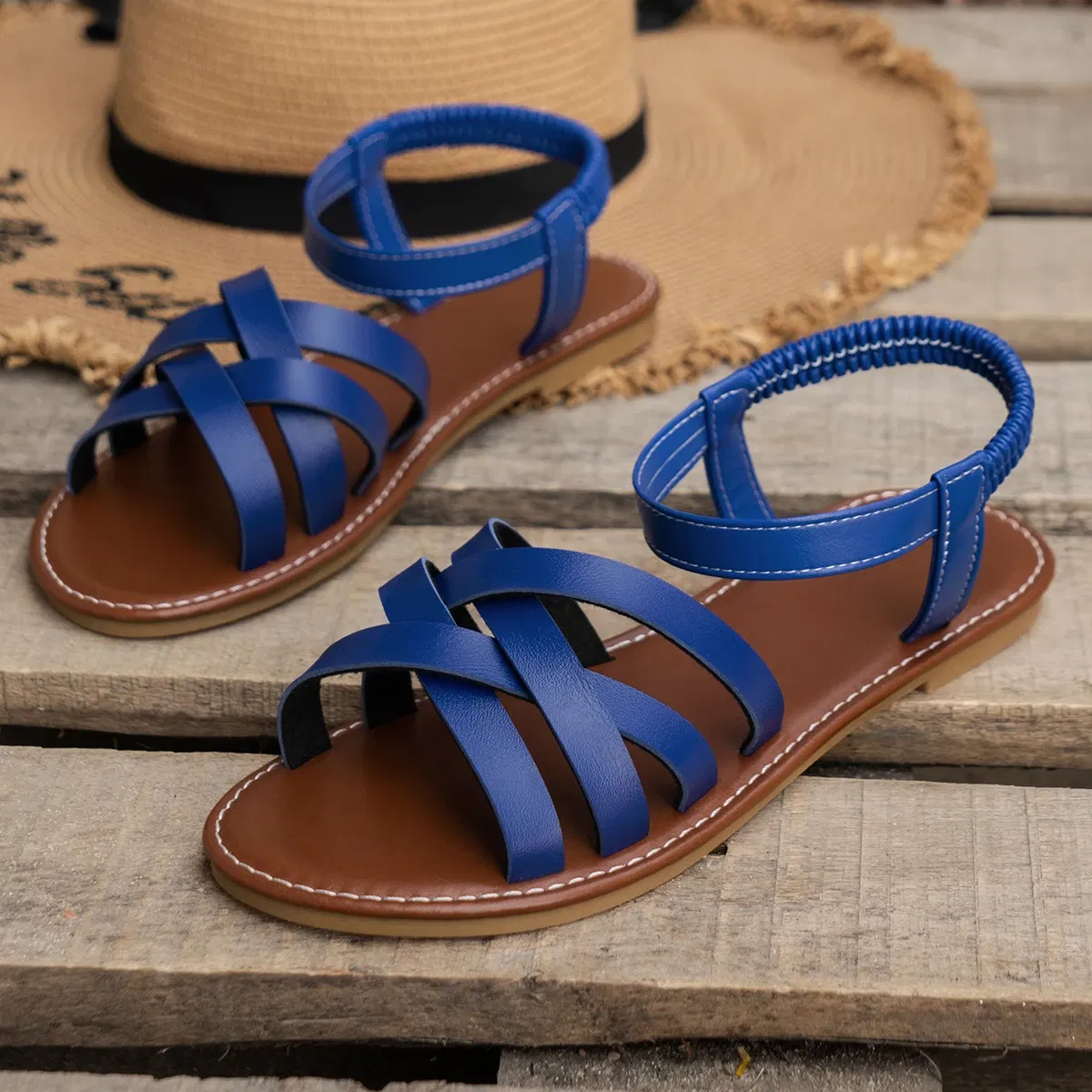 Color: Yellow, Shoe Size: 43 - Shoes for Women 2024 Summer New Women Flat Sandals Bottom Roman Strap Sandals with Non Slip Rubber Soles Ladies Daily Sandalia