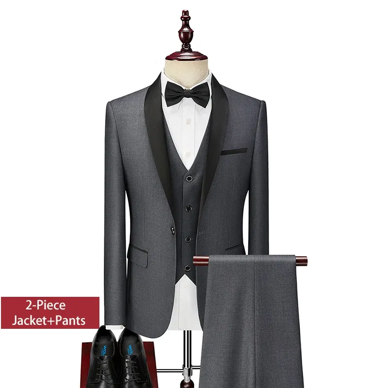 Color: GRAY, Size: S - Shenrun Men Tuxedo Slim Fit Fashion Suit Wedding Shawl Lapel 3 Pieces Skinny Single Breasted Jacket Party Prom Singer Costume