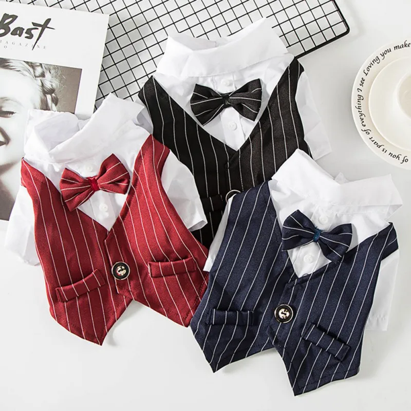 Color: Dark Brown, Size: S - Dog Gentleman Wedding Suit Clothes Dog Suit Bow Tie Clothes Halloween Christmas Costume For Small Dogs Teddy Bulldog