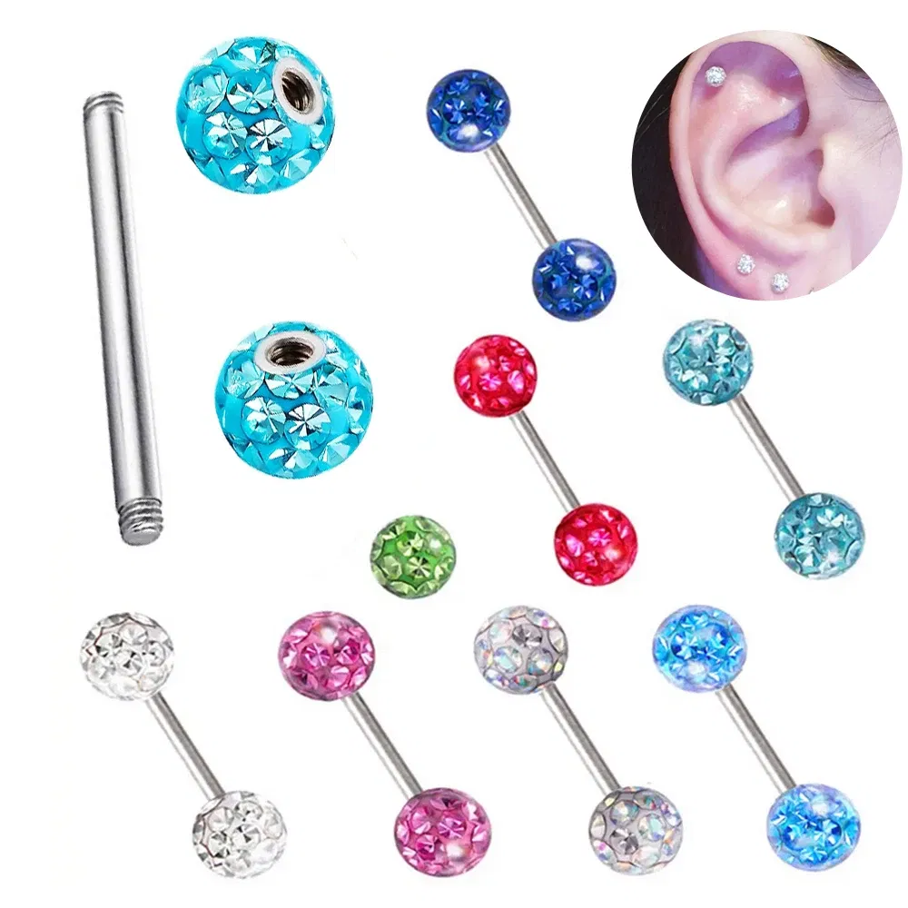 Metal color: Light Yellow Color, Main Stone Color: black - 16g 1.2mm Coated Crystal Steel Ear Stud Tragus Helix Cartilage 3/4/5mm CZ Ball 6/8/10/12/14mm Bar Barbell Piercing