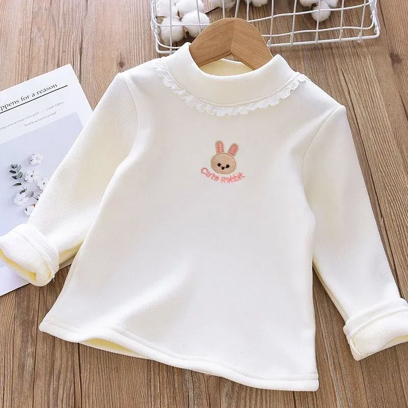 Color: black, Kid Size: 6 - 1pcs Children's T-Shirts Rabbit Embroidery Velvet warm top Kids Half High Collar Long Sleeve Base Shirt Girls Tshirts Clothes