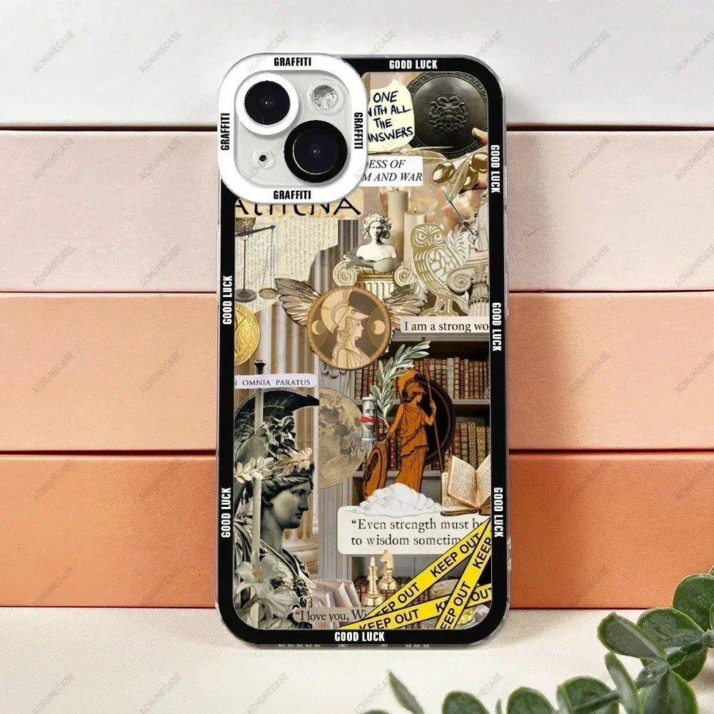 Color: Beige, Material: POLYESTER - Aesthetic Statue Art Phone Case For iPhone 16 15 14 13 12 11 Pro Max XS X XR Plus Mini Luxury Transparent Soft Funda