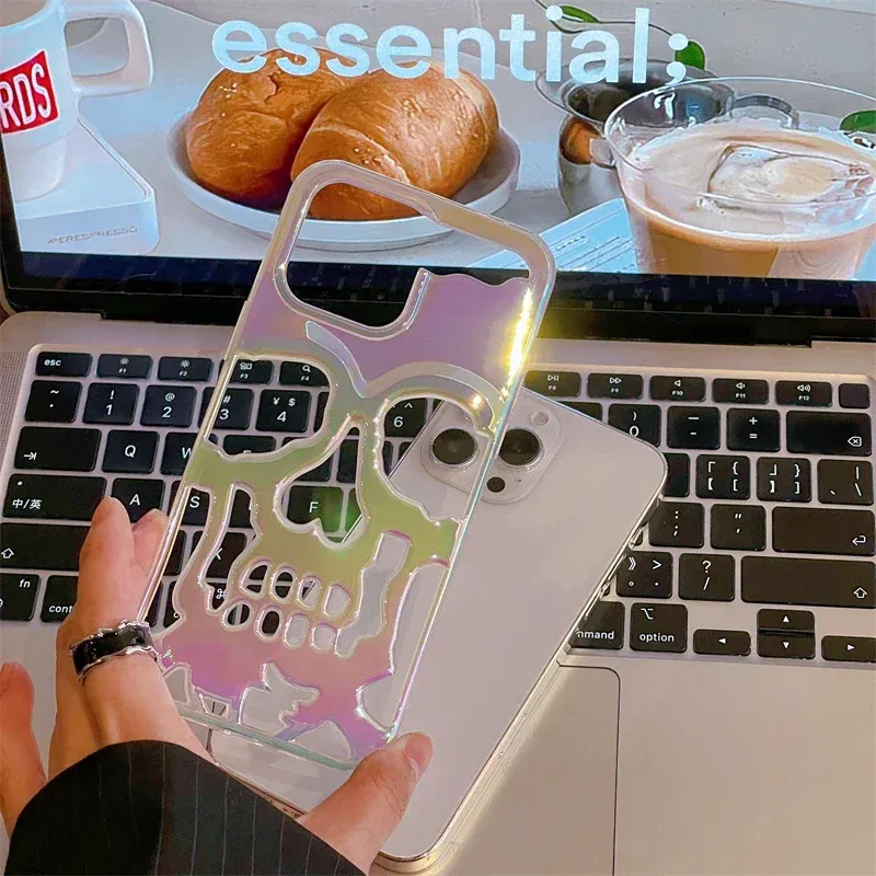 Color: Black, Material: Cotton Fabric - 3D Skull Ghostface Phone Case for iPhone 14 15 ProMax 11 12 13 Pro Max Plus Fashion Hollow Heat Dissipation Plating Slim Cover