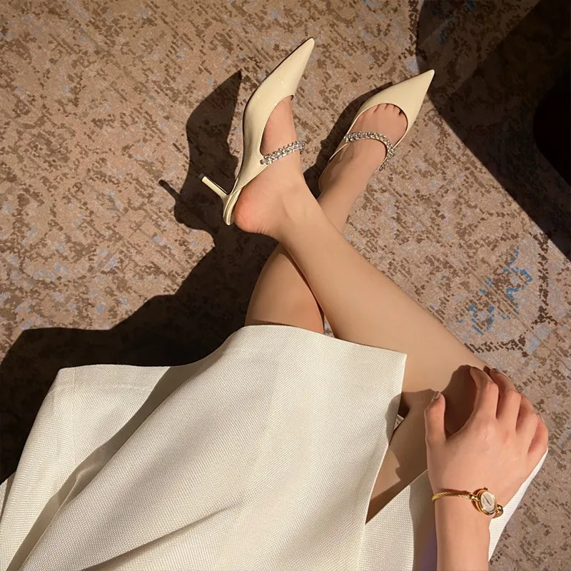 Color: WHITE, Shoe Size: 36, Ships From: CHINA - Elegant Leather Mules Pointed Toe Stylish Rhinestone Embellished High Heel Sandals Sophisticated Party Evening Shoes Footwear