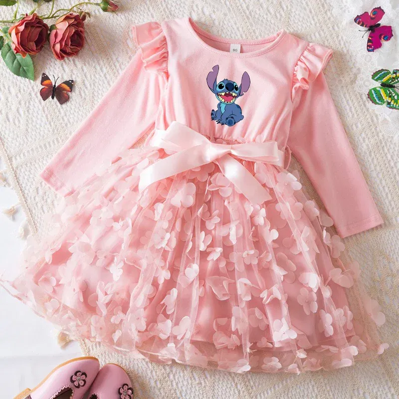 Color: Lavender, Size: One Size, Height: 170 - Lilo Stitch Girl Baby Dresses Spring Autumn Child Long Sleeve Sweet Princess Dress Mesh Newborn Casual Dress Birthday Party 2-6Y