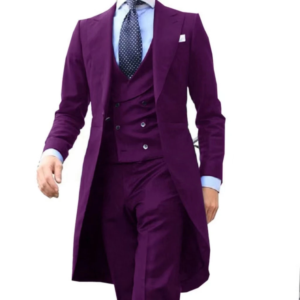 Color: green, Size: XS - Elegant man suit Slim Fit Suit Luxury Formal Tuxedos Wedding 3 Pieces Blazer Vest Pants Set Long Tail Coat One Button Custom