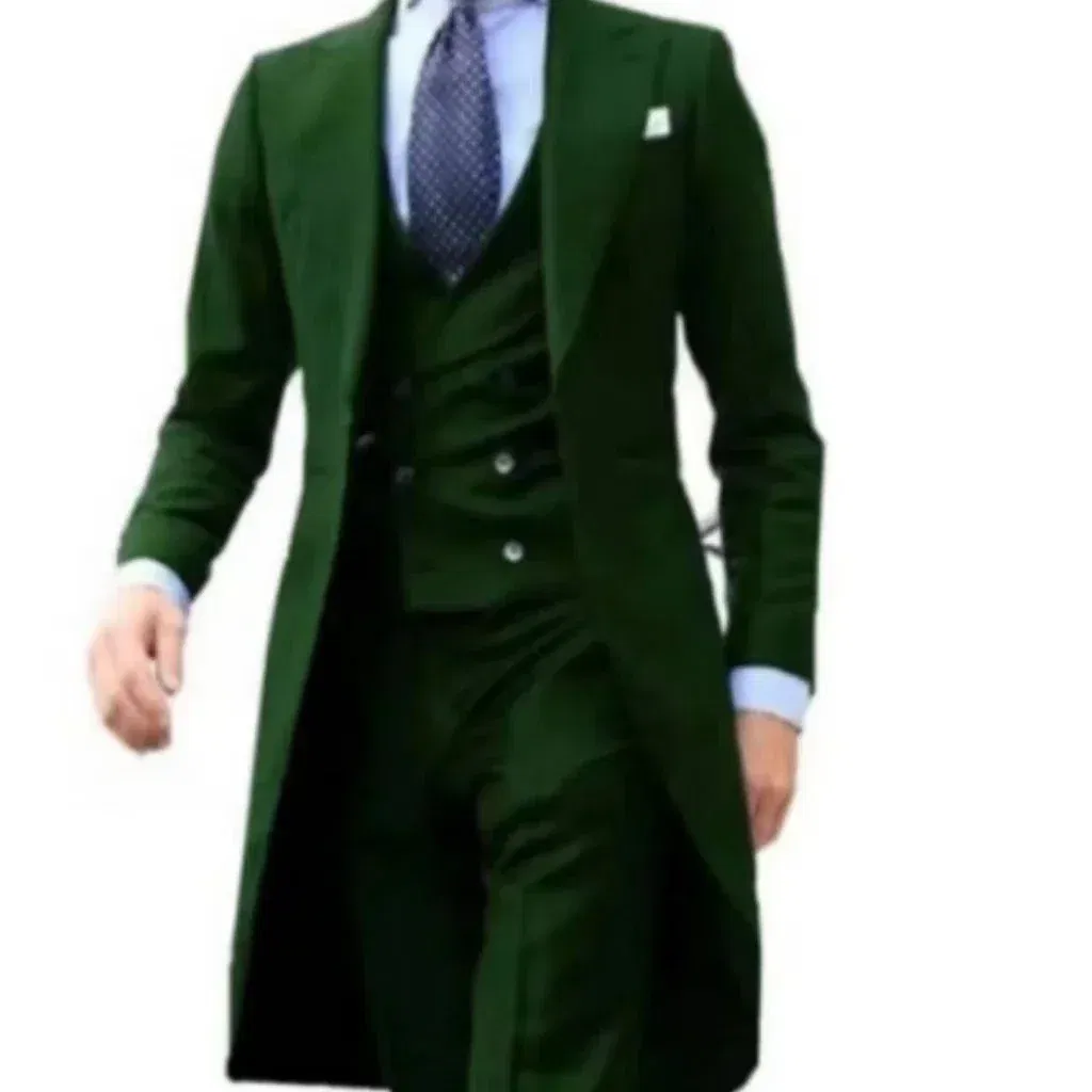 Color: green, Size: XS - Elegant man suit Slim Fit Suit Luxury Formal Tuxedos Wedding 3 Pieces Blazer Vest Pants Set Long Tail Coat One Button Custom