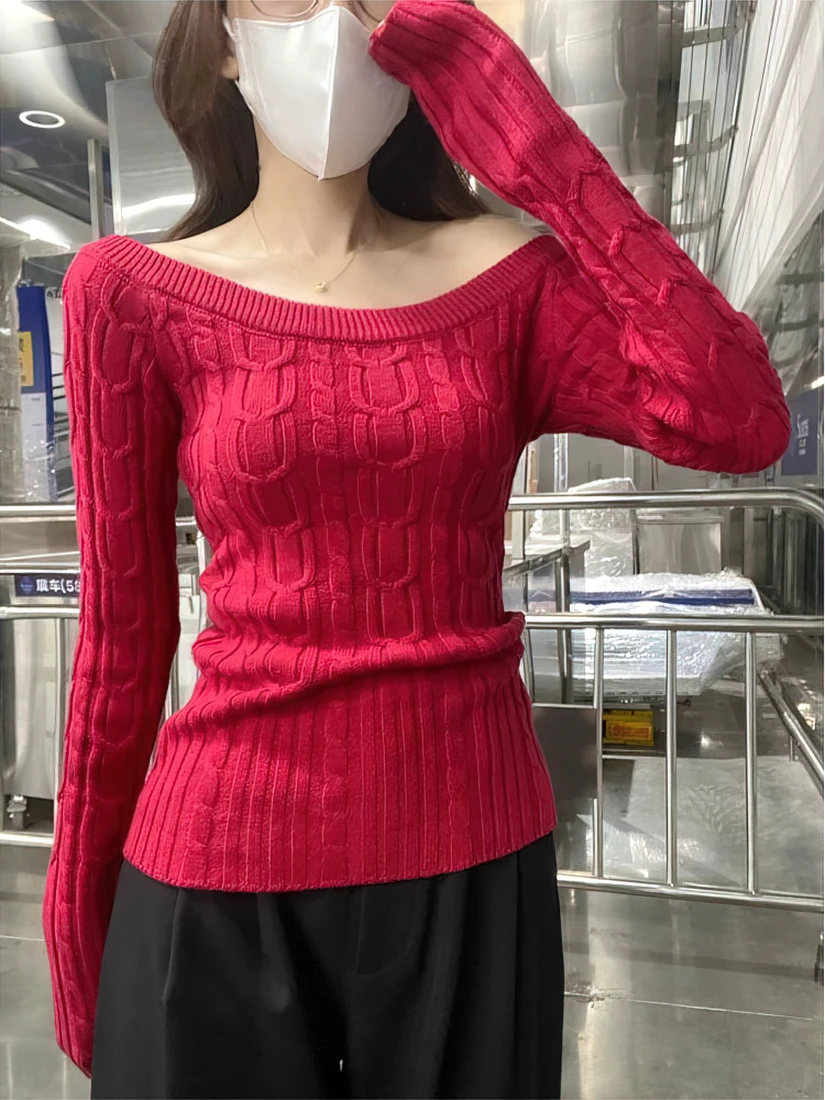 Color: WHITE, Size: XS - Casual Off shoulder Rib Knit Sweater Pull Women Long sleeve Top Basic Tees White Slim Pullovers Lady Sexy One Shoulder New