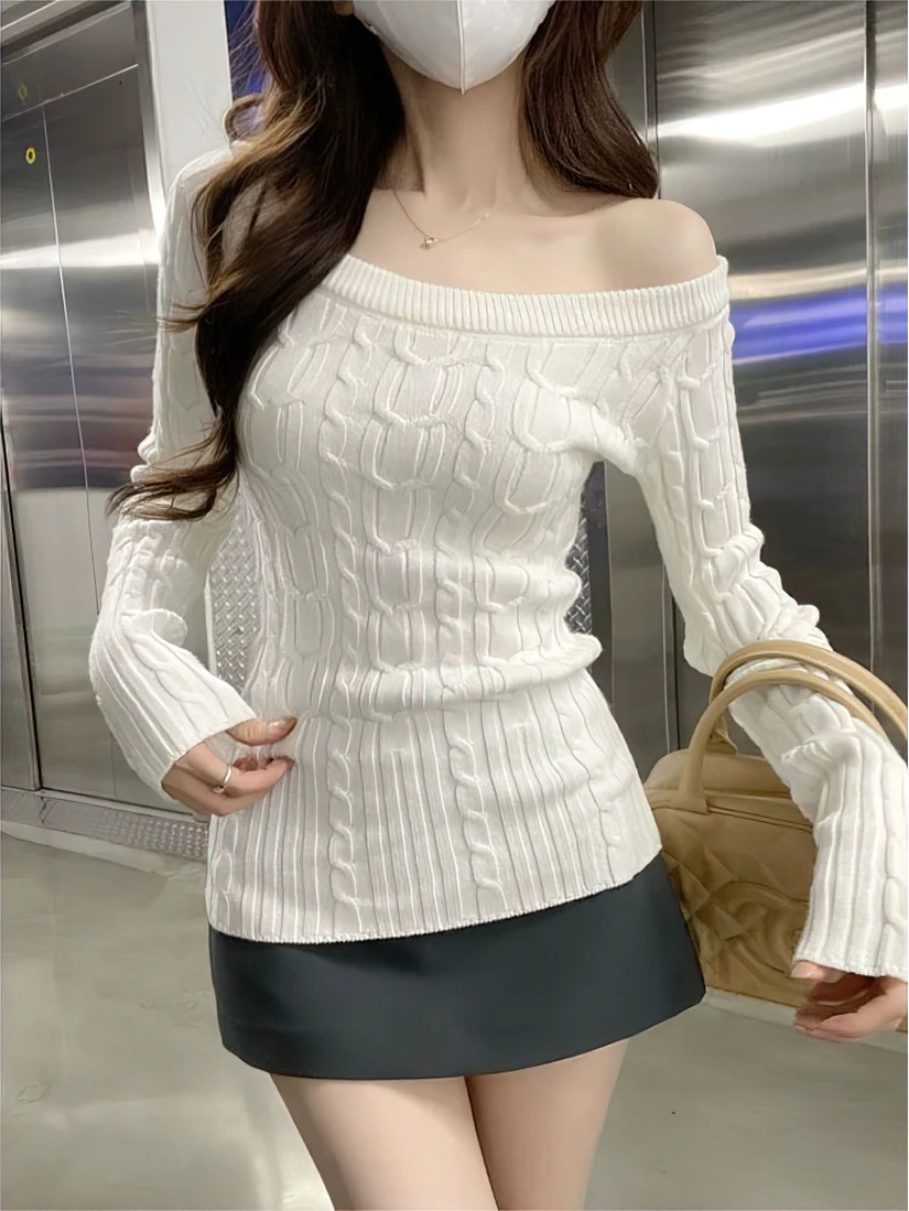 Color: WHITE, Size: XS - Casual Off shoulder Rib Knit Sweater Pull Women Long sleeve Top Basic Tees White Slim Pullovers Lady Sexy One Shoulder New
