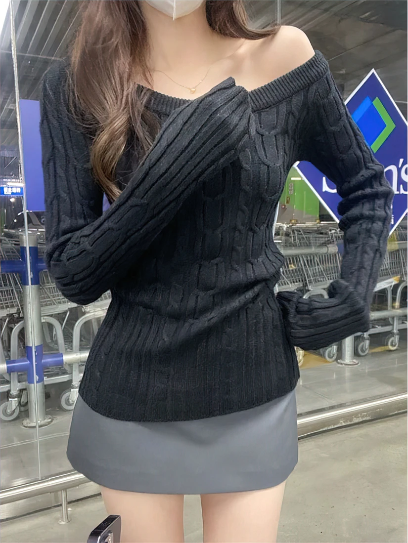 Color: WHITE, Size: XS - Casual Off shoulder Rib Knit Sweater Pull Women Long sleeve Top Basic Tees White Slim Pullovers Lady Sexy One Shoulder New