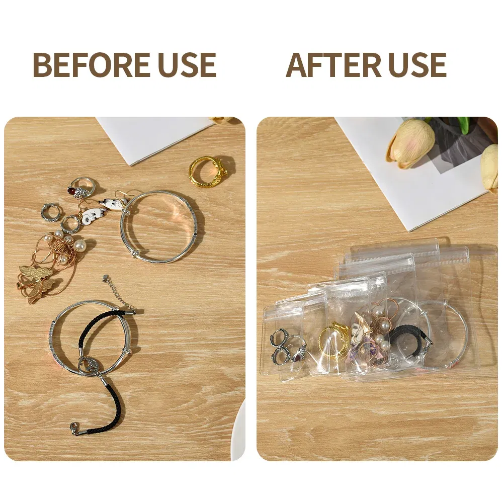 Size: S, Color: Brown - 100/10Pcs PVC Jewelry Package Bags Thicken Self Sealing Pouches Anti-Oxidation  Earring Necklace Clear Organizer Bag Reusable