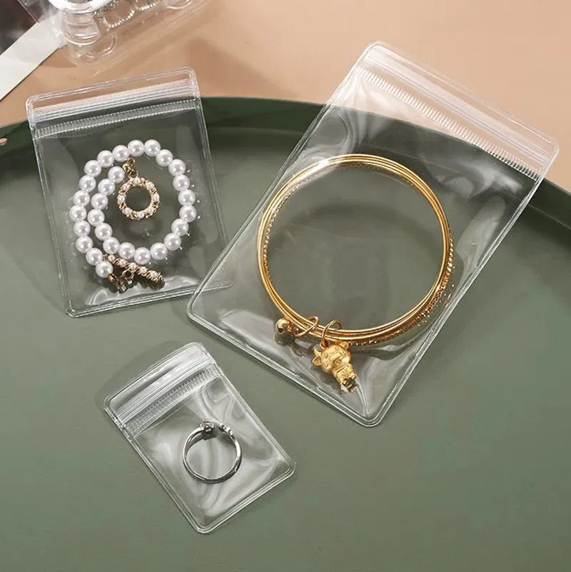 Size: S, Color: Brown - 100/10Pcs PVC Jewelry Package Bags Thicken Self Sealing Pouches Anti-Oxidation  Earring Necklace Clear Organizer Bag Reusable