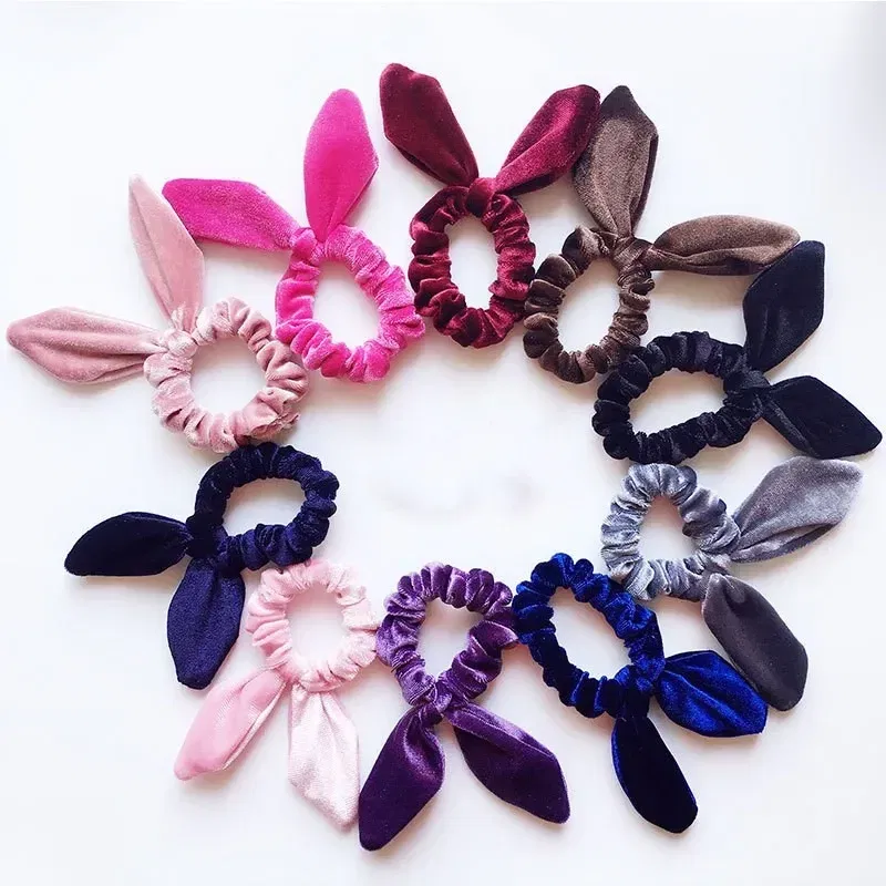 Color: Pink - New Velvet Scrunchies Girls/Women velvet Bunny Ear Knot Bow Hair Bands Rabbit Ear Hair tie Ponytail Hair Accessories