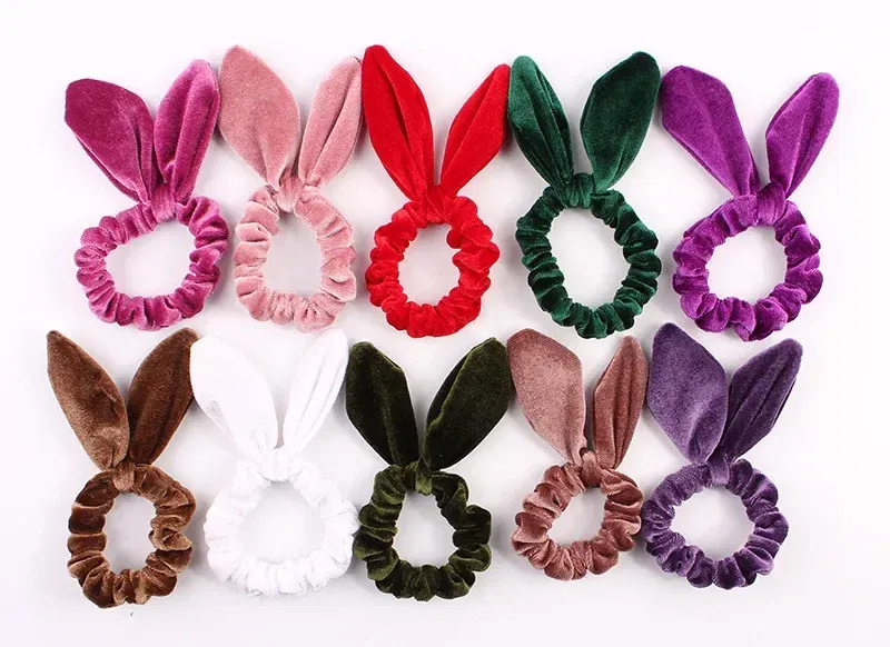 Color: Pink - New Velvet Scrunchies Girls/Women velvet Bunny Ear Knot Bow Hair Bands Rabbit Ear Hair tie Ponytail Hair Accessories
