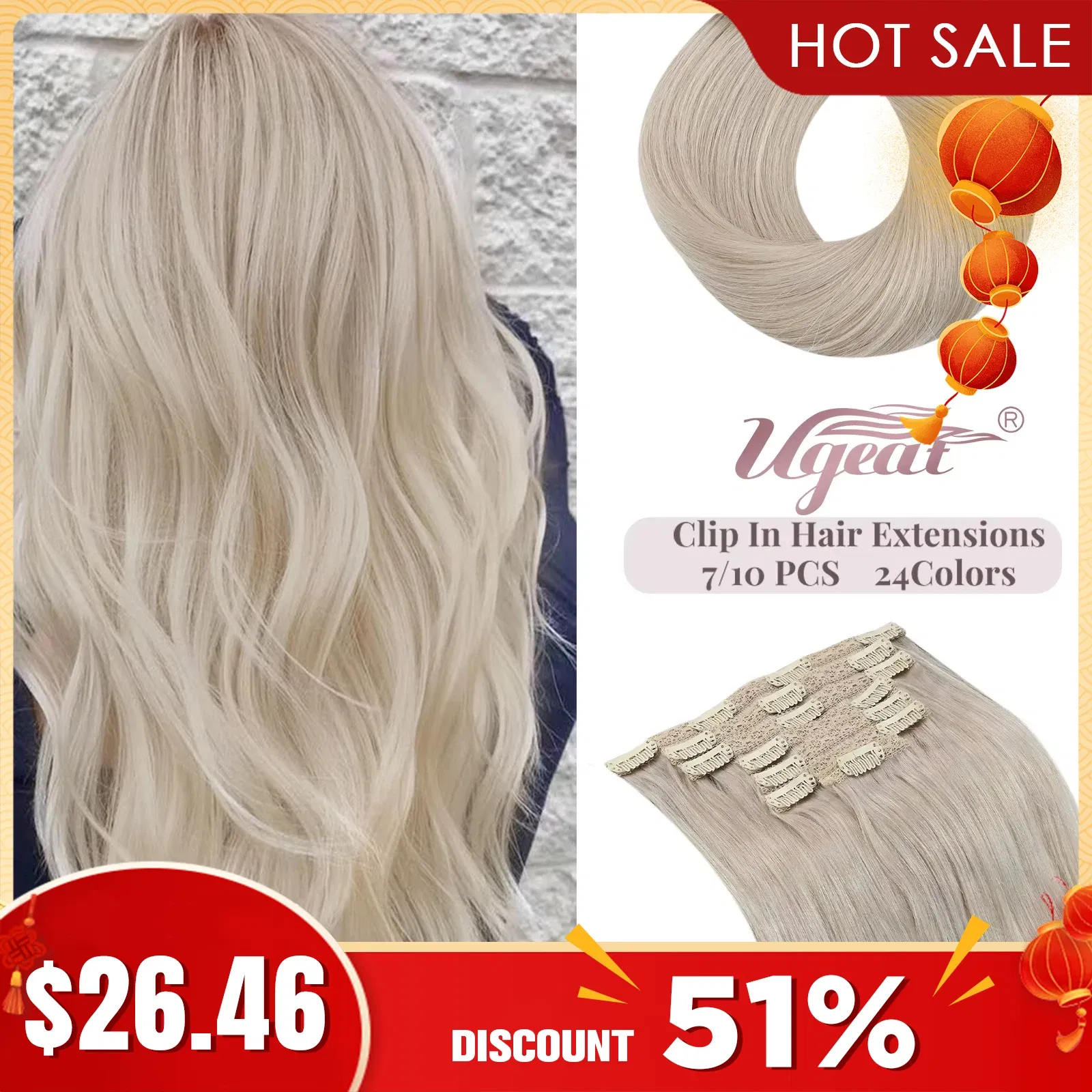 Color: Fuschia, Length: 22 inches, Weight Per Package: 120g/Set - [16 Colors] Ugeat Clip in Hair Extensions Human Hair 14-22" Double Weft Remy Hair Full Head Clip in Extensions for Woman 7Pcs