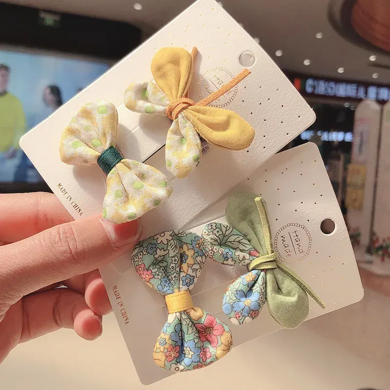 Color: GRAY - 2PCS Set Children Girl Bow Butterfly Hair Clip Print Knot Hairpin Korean Princess Fresh Cute Lovely Hair Accessories Headdress