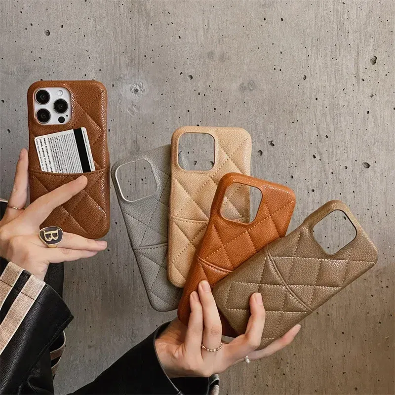 Color: Brown, Material: EVA - Luxury Lattice Pattern Leather Cover for IPhone 16 15 14 13 Pro Max Credit Card Slot Holder Purse Wallet Shockproof Phone Case