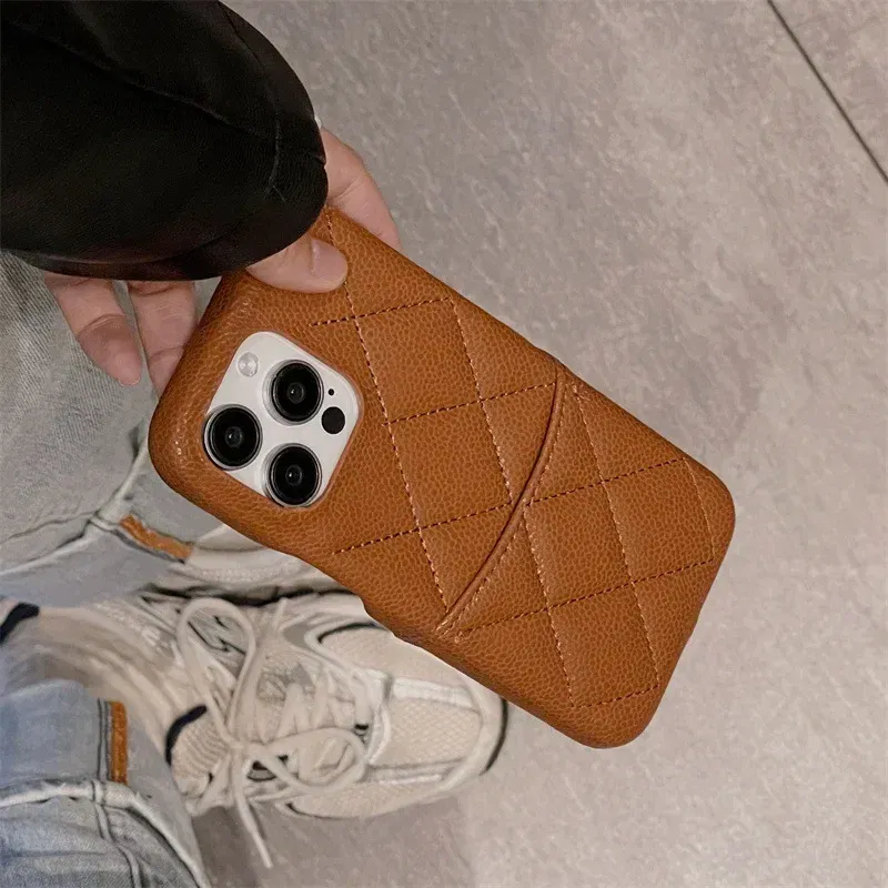 Color: Brown, Material: EVA - Luxury Lattice Pattern Leather Cover for IPhone 16 15 14 13 Pro Max Credit Card Slot Holder Purse Wallet Shockproof Phone Case