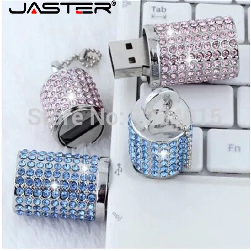 Color: Pink, Capacity: 4GB - JASTER Crystal cylindrical USB Flash Drive  fashion metal diamond pen driveu disk pendrive 4GB 8GB 16GB 32GB 64GB memory stick