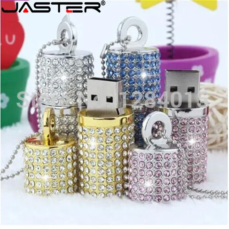 Color: Pink, Capacity: 4GB - JASTER Crystal cylindrical USB Flash Drive  fashion metal diamond pen driveu disk pendrive 4GB 8GB 16GB 32GB 64GB memory stick