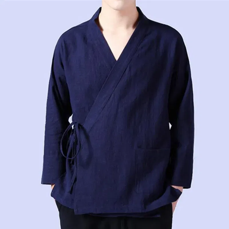 Color: Gold, Size: 4XL - Plus Size M-6XL Pure Color Men's Tops 2024 New Cotton Linen Oblique Placket Long Sleeve Linen Hanfu chinese Clothing  Kimono