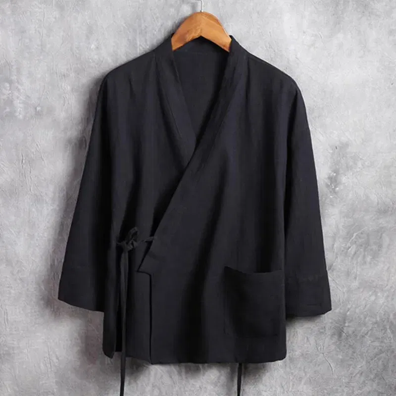 Color: Gold, Size: 4XL - Plus Size M-6XL Pure Color Men's Tops 2024 New Cotton Linen Oblique Placket Long Sleeve Linen Hanfu chinese Clothing  Kimono