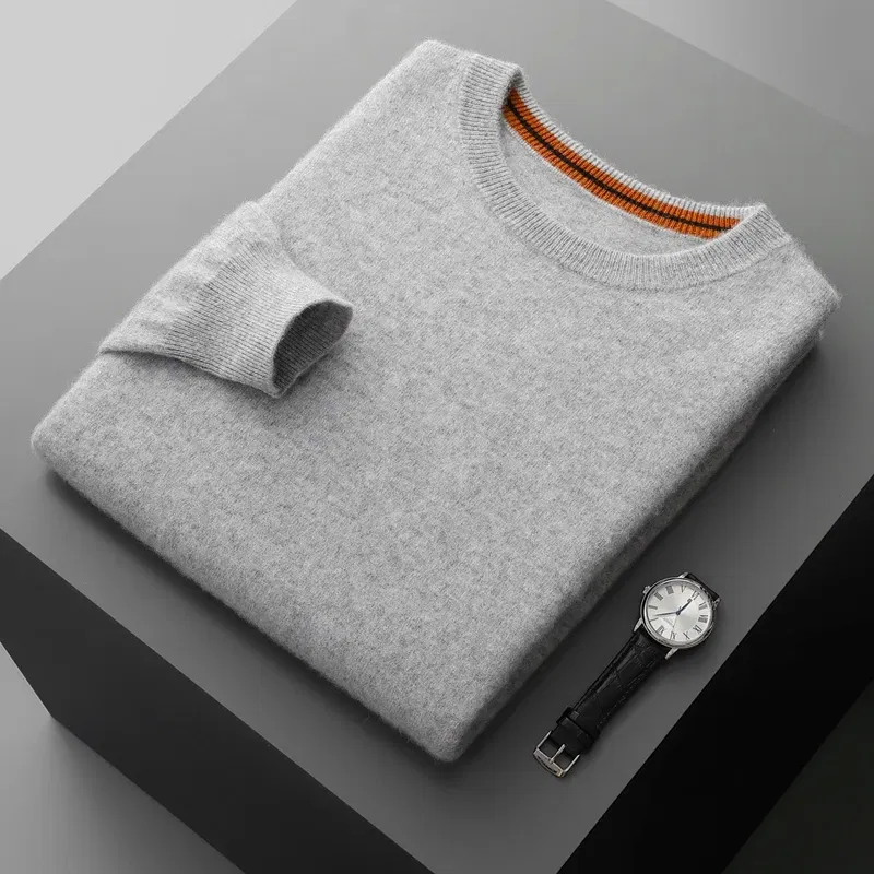 Color: SKY BLUE, Size: XXL, Ships From: CHINA - Autumn Winter Men's O-Neck Pullover Sweater 100% Cashmere Simple Basic Knitwear Cashmere Solid Color Clothing Casual Warm Tops