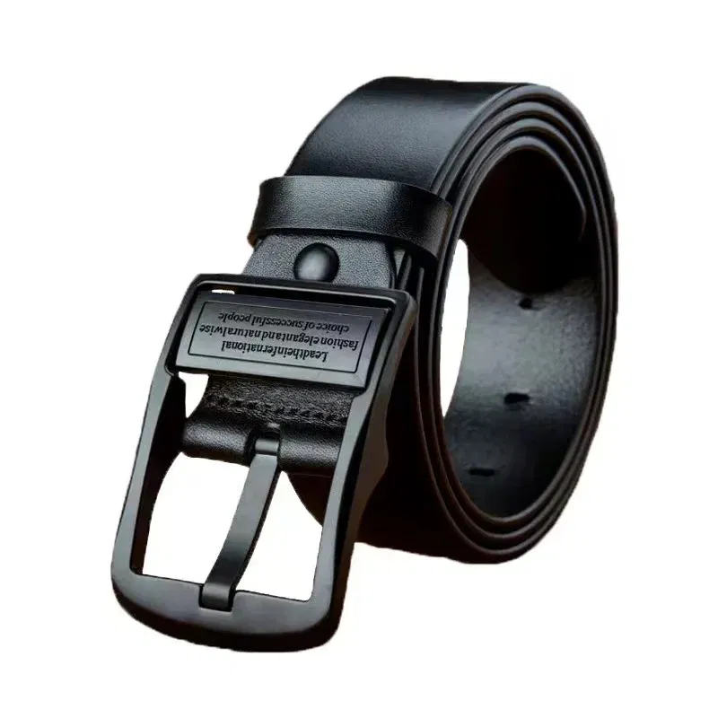 Color: black, Belt Length: 125cm - New Leather Cowhide Men's Belt Fashion Metal Alloy Pin Buckle Adult Luxury Brand Jeans Business Casual Waist Male Strap Brand