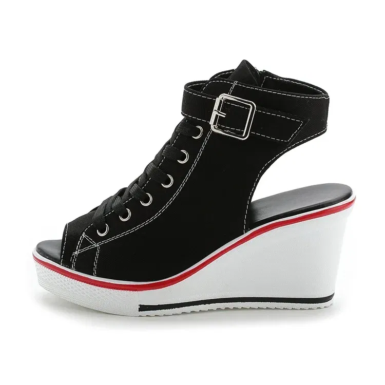 Color: black, Shoe Size: 36 - Spring Summer Women's Height Increasing Platform Canvas Fish Mouth Shoes Open Toe Hollow Canvas Wedge Shoes Zapatos Para Mujer