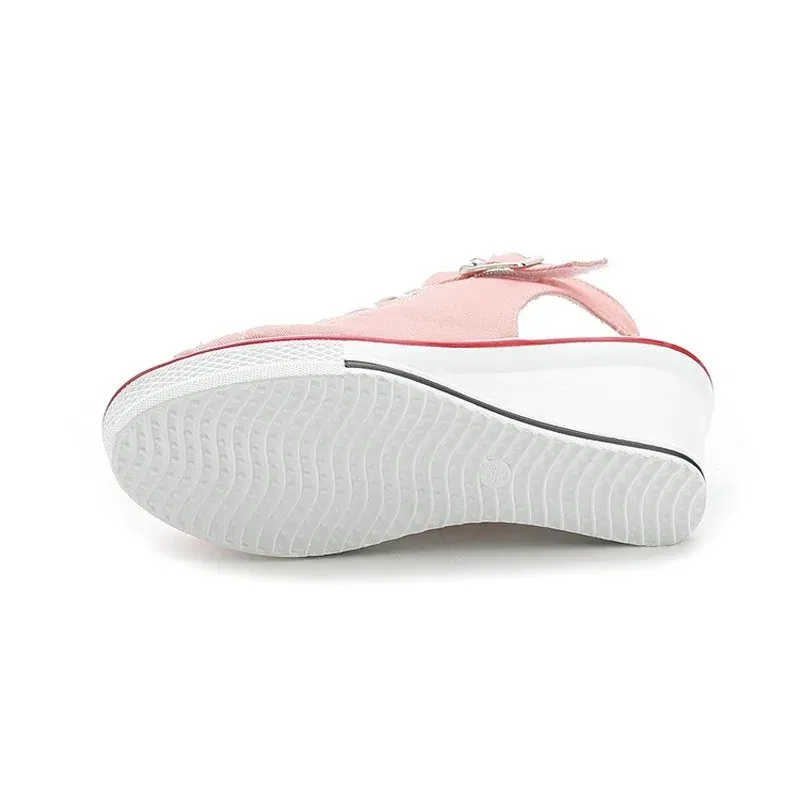 Color: black, Shoe Size: 36 - Spring Summer Women's Height Increasing Platform Canvas Fish Mouth Shoes Open Toe Hollow Canvas Wedge Shoes Zapatos Para Mujer