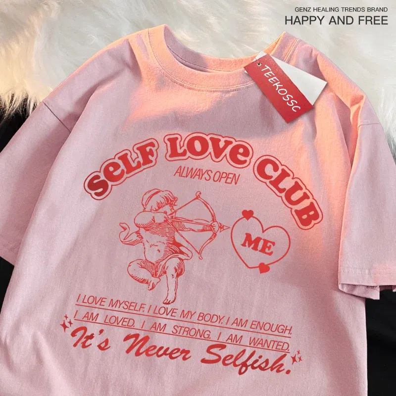 Color: green, Size: XXL - Self Love Club Fun Cupid Men Women T Shirts Breathable Street Tee Clothes Cotton Summer Fashion Loose Casual Oversized T Shirt
