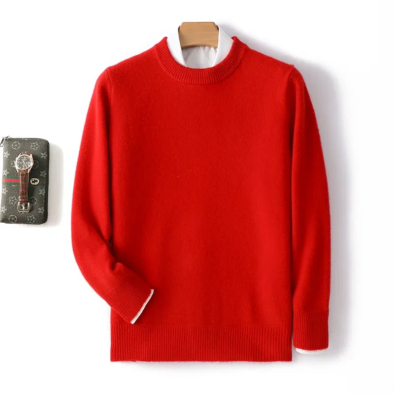 Color: Khaki, Size: S, Ships From: CHINA - Men's 100% Pure Wool Cashmere Sweater O-Neck Pullover Knit Sweater Autumn and Winter New Long Sleeve High-End Jumpers Thick Tops