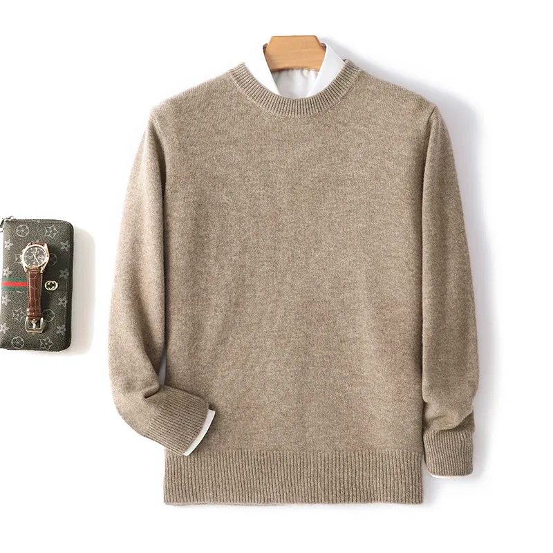 Color: Khaki, Size: S, Ships From: CHINA - Men's 100% Pure Wool Cashmere Sweater O-Neck Pullover Knit Sweater Autumn and Winter New Long Sleeve High-End Jumpers Thick Tops