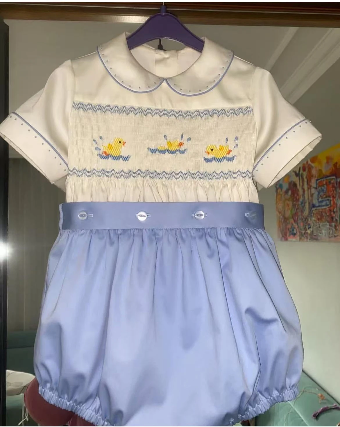 Kid Size: 6T - 0-4Y Baby Boy Summer Short Sleeves Yellow Ducks Handmade Embrodery Smocked Outfit Suit for Party Birthday Holiday  A120